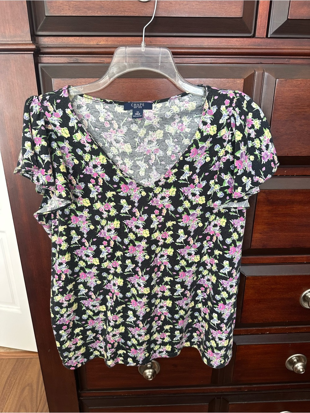 Chaps Navy Floral V-Neck Women's XL Top Flutter Ruffle Sleeve